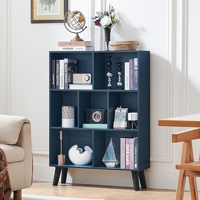 LEYAOYAO Cube Bookshelf 3 Tier Mid-Century Rustic Dark Blue Modern Bookcase - Image 7