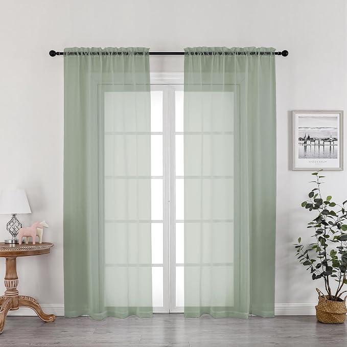Sage Green Sheer Curtains 72 Inches Long 2 Panels Set, Transparent Voile Sheer by OWENIE