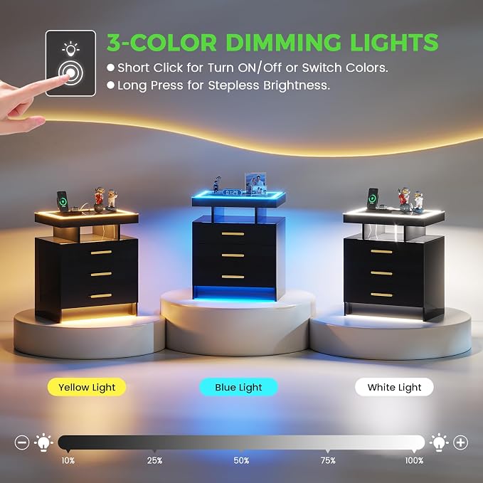 HNEBC LED Nightstand with Charging Station, Smart Bedside Table with Motion - Image 4