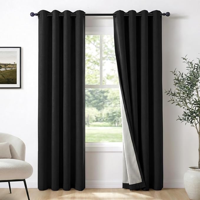 100% Blackout Linen Textured Curtains 84 Inch Long, Light Blocking, Thermal by 100BlackoutShield