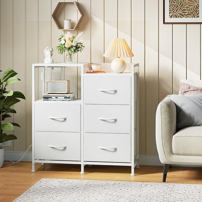 Somdot White Nightstand with Charging Station and LED Light, Wide 5 Drawers - Image 2