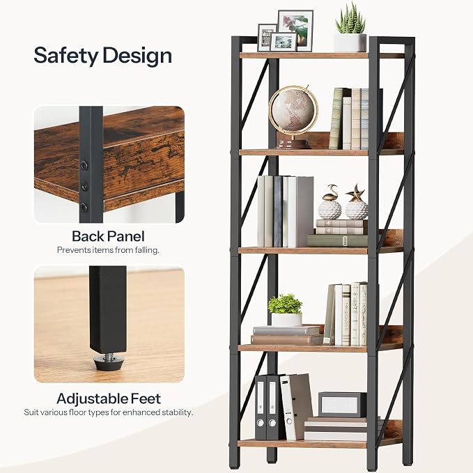HOOBRO Bookshelf, 5-Tier Industrial Bookcase, Book Shelf Storage Organizer - Image 5