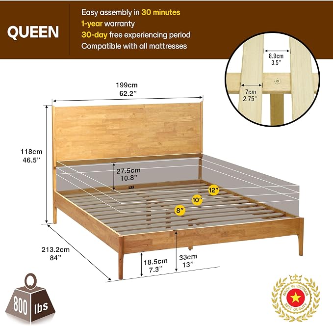 Acacia Haven Queen Bed Frame and Headboard, Solid Wood Platform Bed Frame - Image 2