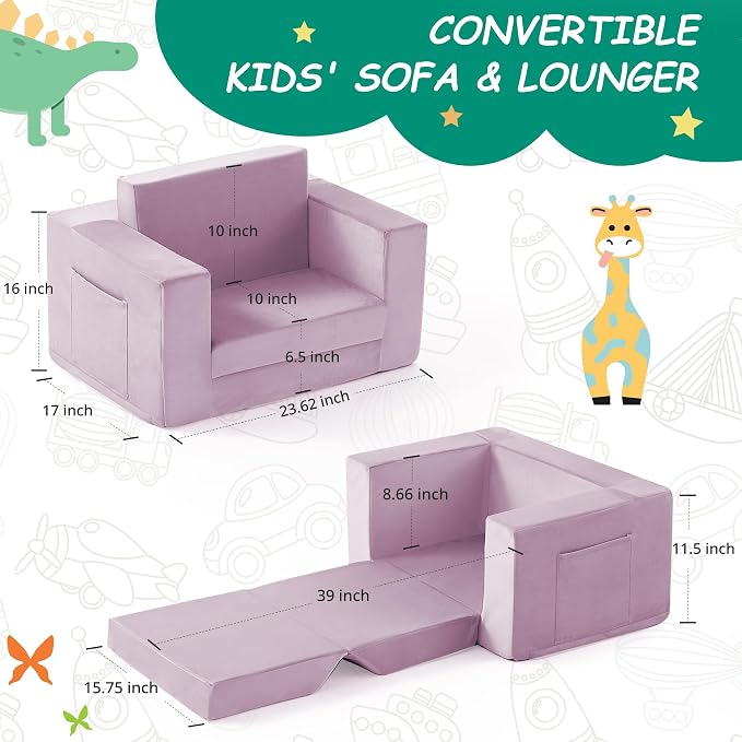 Kids Couch, 2-in-1 Toddler Chair Comfy 1-3 Years, Convertible Kids Chair - Image 3