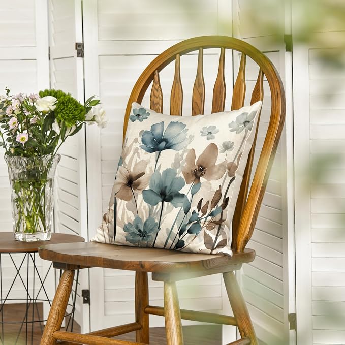 AVOIN colorlife Poppy Flowers Blue Brown Throw Pillow Cover 18x18 Inch | - Image 3