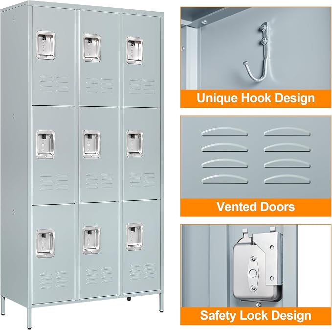 Metal Locker with 9 Doors Employees Locker, Metal Storage Locker with Hooks - Image 4