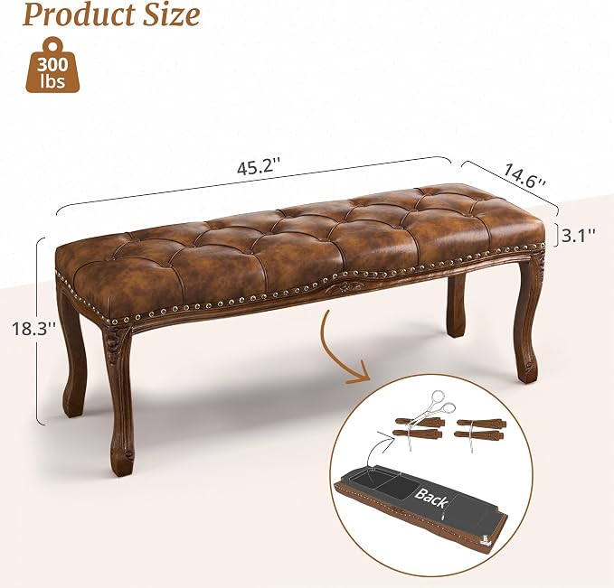 Cozyman Bedroom Bench, French Vintage Tufted Leather Bench, 45.2" Carving - Image 3