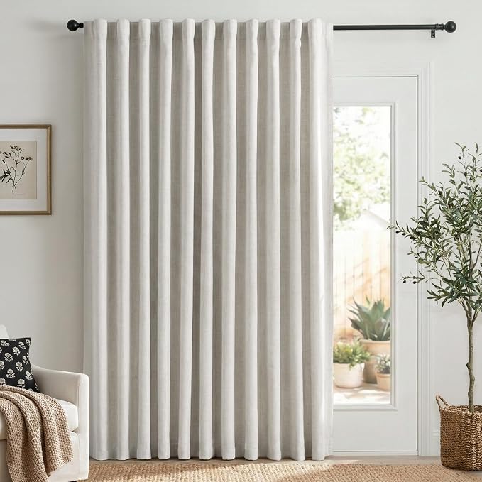 Linen Textured Total Blackout Sliding Door Curtains 108 Inches Long, Thermal by 100BlackoutShield