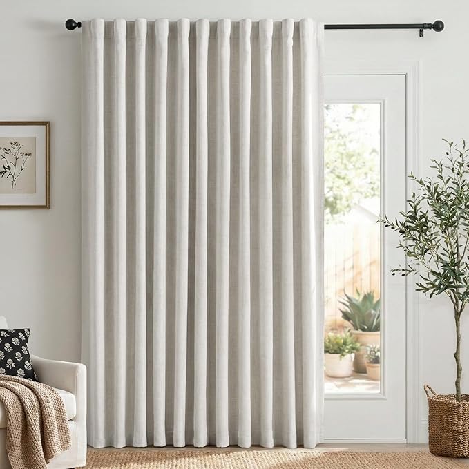 Linen Textured Total Blackout Sliding Door Curtains 84 Inches Long, Thermal by 100BlackoutShield