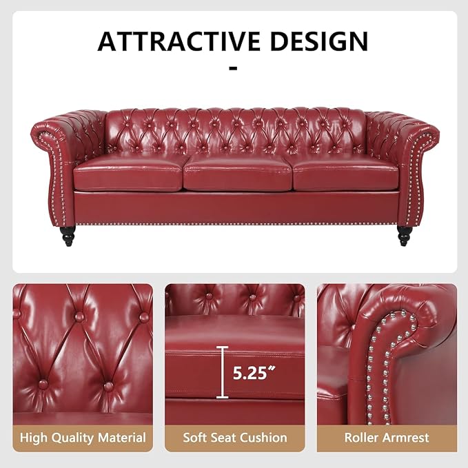 Mid-Century 3 Seater Sofa, Faux Leather Couch - Image 5