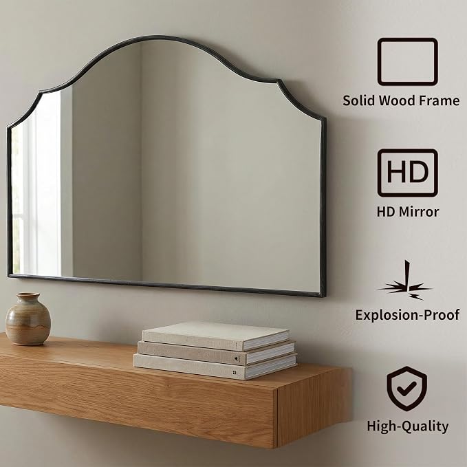 Besdomus Large Scalloped Black Mirror: 47"x31" Modern Minimalist Wood Frame - Image 2