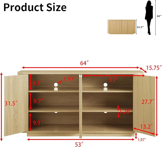 LKTART 64" Buffet Cabinet with Storage, Modern Fluted Accent Sideboard Media - Image 2