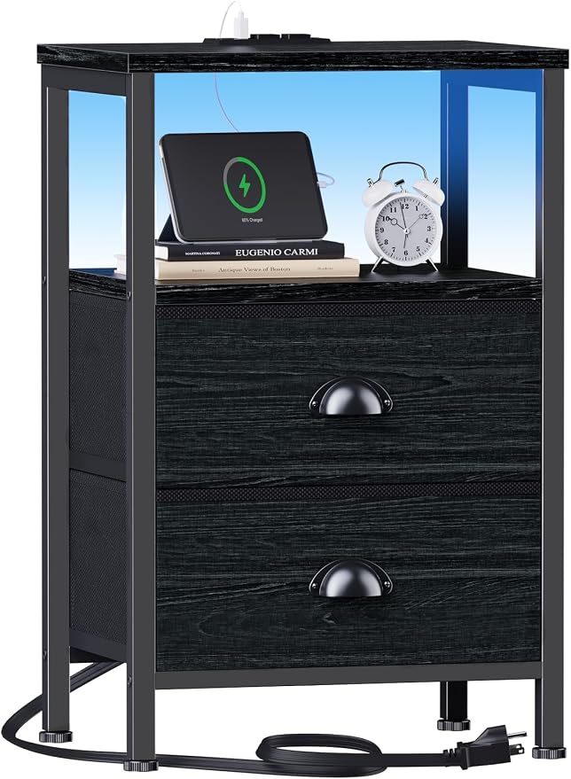 Furologee Nightstands with Charging Station, End Table with LED Lights by Furologee