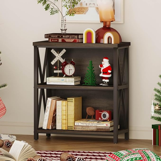 FATORRI Rustic Small Bookshelf for Small Space, Industrial Short Wood Bookcase - Image 3