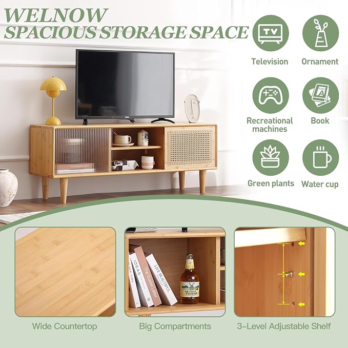Welnow Rattan TV Stand for Up to 55 Inch, Mid Century Modern Bamboo - Image 6