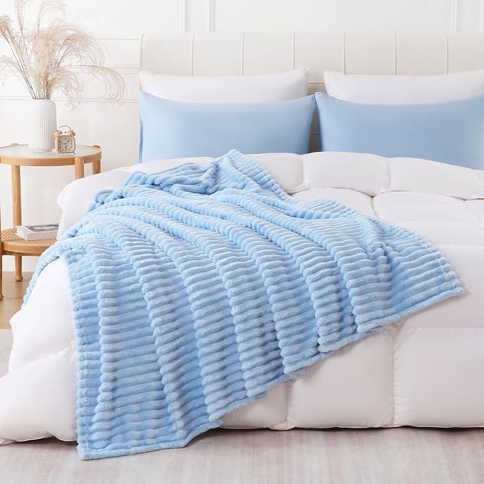 Light Blue Throw Blanket for Couch Sofa 90x90 inches Striped Design | Fleece - Image 2