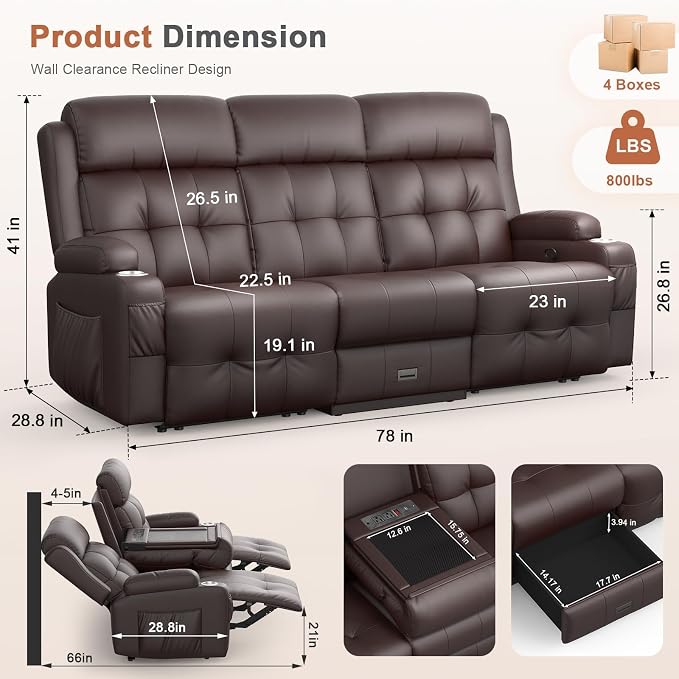 RV Loveseat Recliner Sofa, Built-in Power Strip, Massage Wall Hugger 3-Seater - Image 2