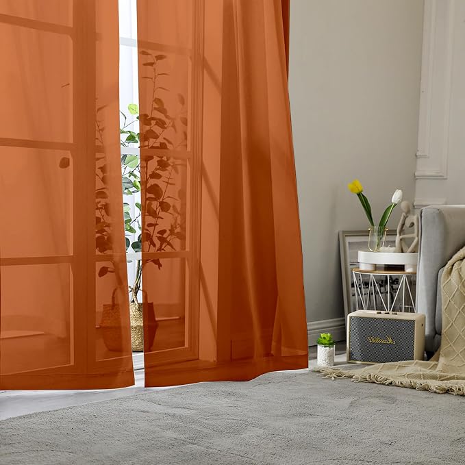 Orange Sheer Curtains 90 Inches Long 2 Panels, Light Filtering Voile Airy - Image 2