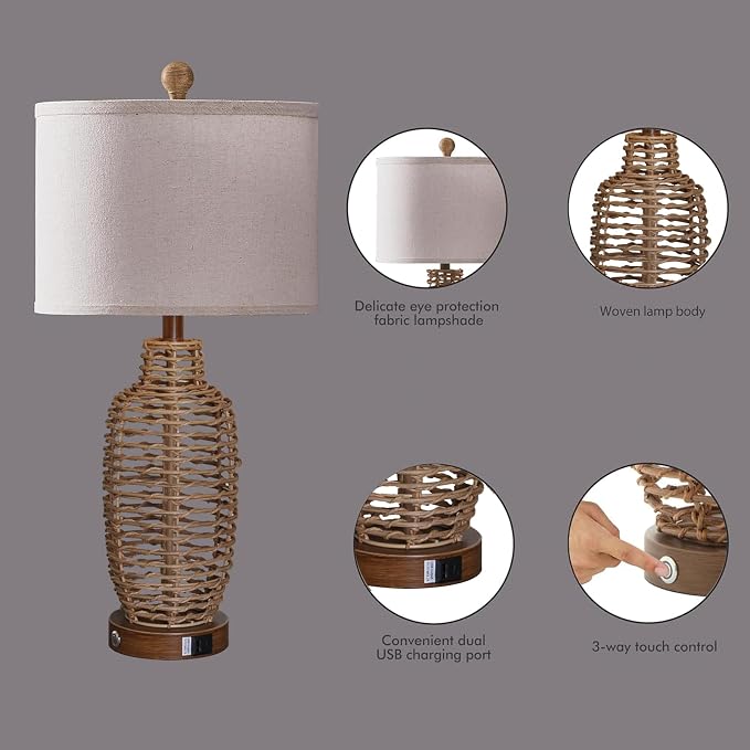 Rattan Table Lamps Set of 2 Wicker Lamps 3 Way Dimmable Touch Control Farmhouse - Image 6