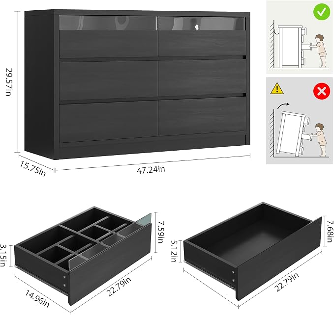 Jocoevol Black LED 6 Drawer Dresser - Image 2