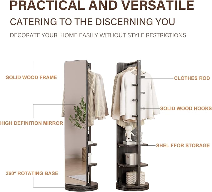 WoodsWhisper Full Length Mirror Coat Rack Solid Wood Floor Mirror 66"x12" Full - Image 7