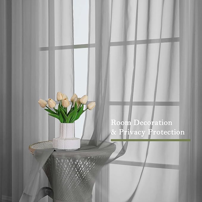 Charcoal Grey Sheer Curtains 90 Inches Long 2 Panels Set, Dual Rod Pocket - Image 4