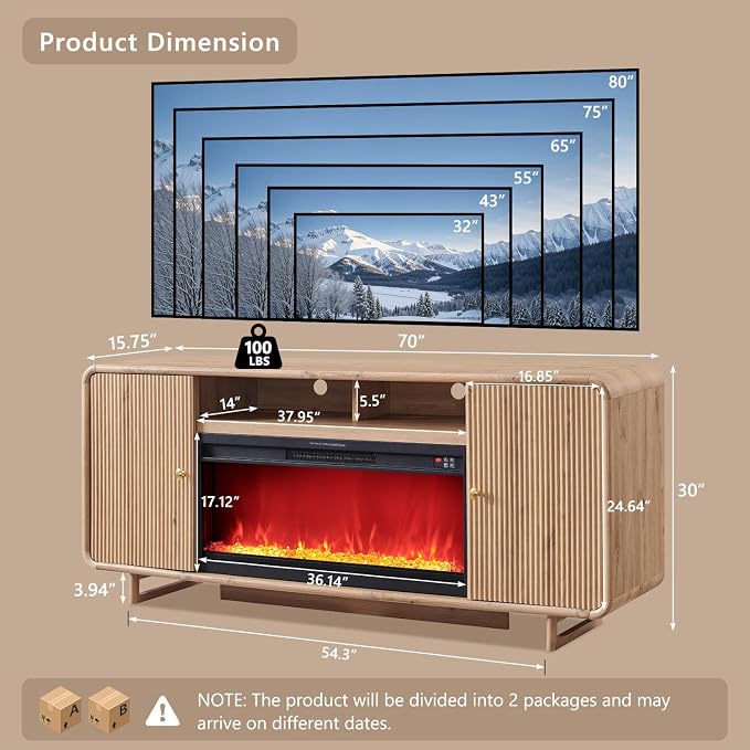 IFGET 70" Fluted Fireplace TV Stand - Image 2
