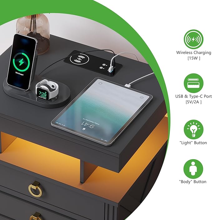 HNEBC Nightstand with Gun Drawers, LED Farmhouse Night Stand with Charging - Image 3