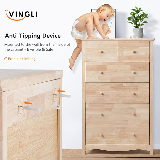 VINGLI Unfinished Natural Solid Wood 6 Drawer Dresser - Image 8
