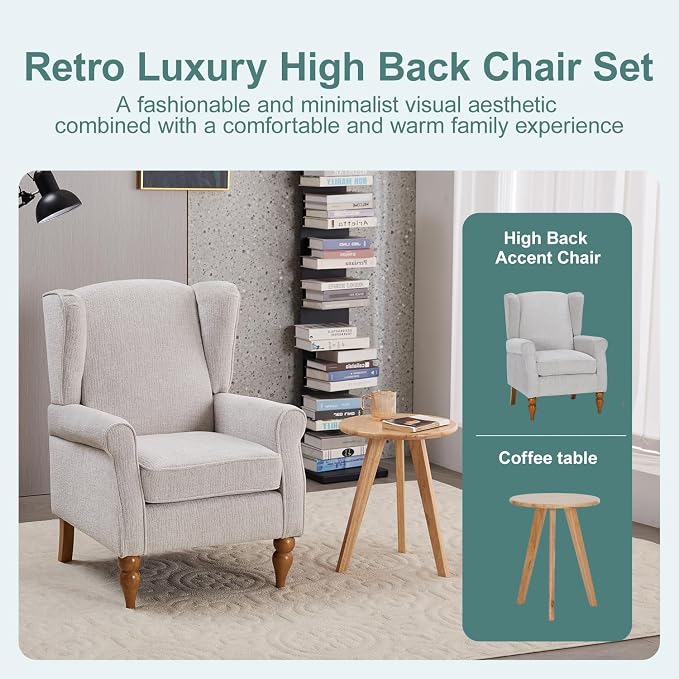 Vintage Style Wingback Chair and Coffee Table Set Solid Wood Frame Beige Fabric - Image 3