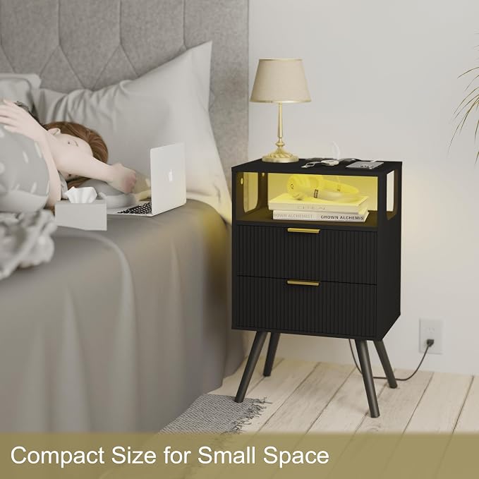 JOONEE Black Nightstand with Charging Station and LED Lights, Modern Bedside - Image 4