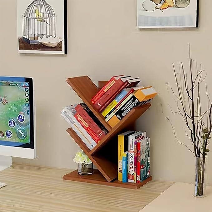 Godferyxin Tree Bookshelf, Small Bookshelf, 3 Tier Wood Mini Book Shelf and - Image 8