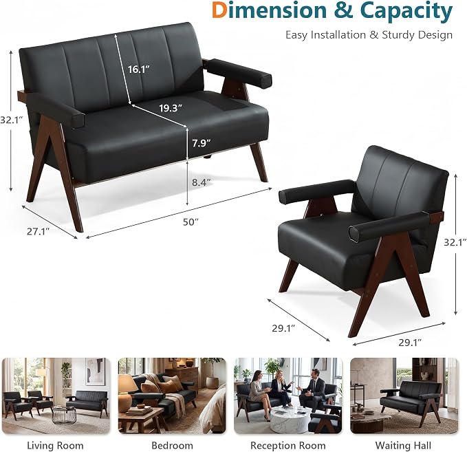 STHOUYN Black Leather Loveseat Sofa and Accent Chair, Mid-Century Modern Office - Image 9