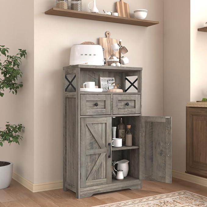 Farmhouse Storage Cabinet with Barn Doors and Open Shelf, Kitchen Pantry with - Image 4