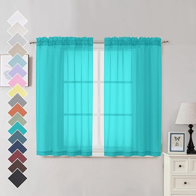 Turquoise Sheer Curtains 45 Inches Long 2 Panels, Light Filtering Sheer Curtains by OVZME
