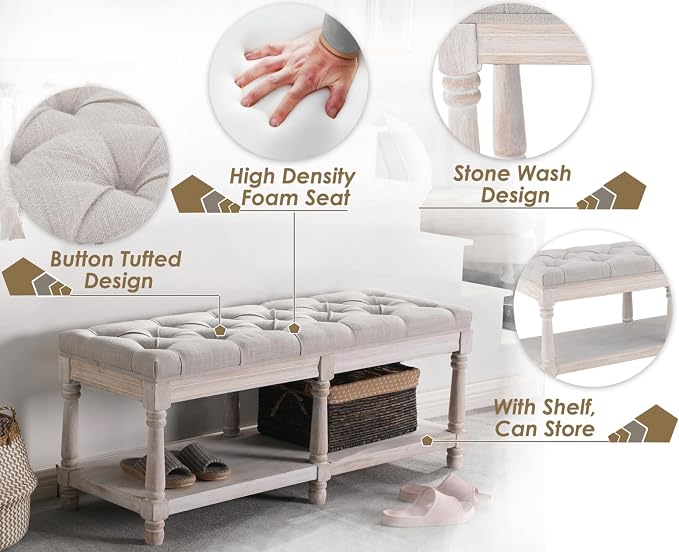 Farmhouse Storage Bench Wooden Entryway Upholstered Tufted Ottoman Bench - Image 4