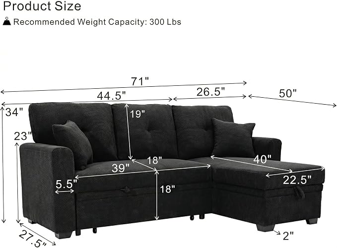 L Shaped Sectional Couch with Storage and Pull Out Bed, 3 Seater Sleeper Sofas - Image 3
