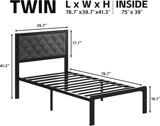 Fluest Twin Bed Frame with Headboard Linen Upholstered Bed Frame Platform - Image 2