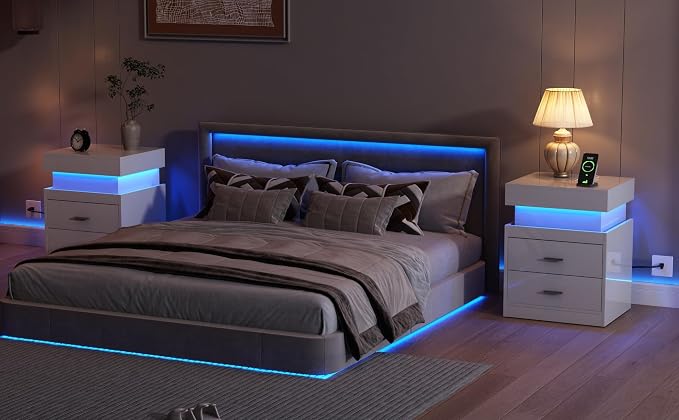 ChooChoo LED Nightstand Set of 2, Smart Night Standwith Charging Station and - Image 2