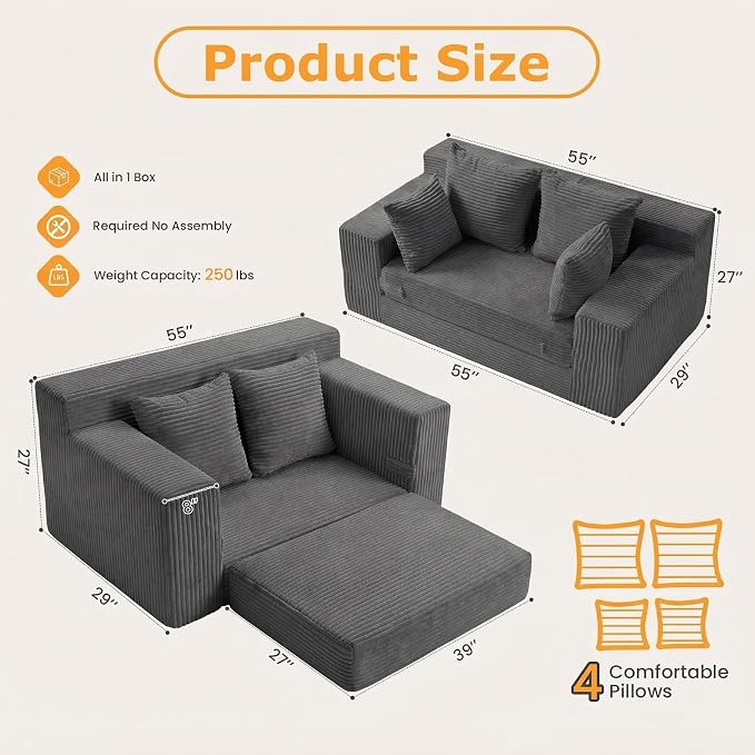Winzon Boneless Loveseat, 3 in 1 Convertible Sofa Bed Sleeper Sofa Floor Futon - Image 2