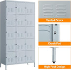 Metal Locker with 15 Doors Employees Locker, Metal Storage Locker with Hooks - Image 4