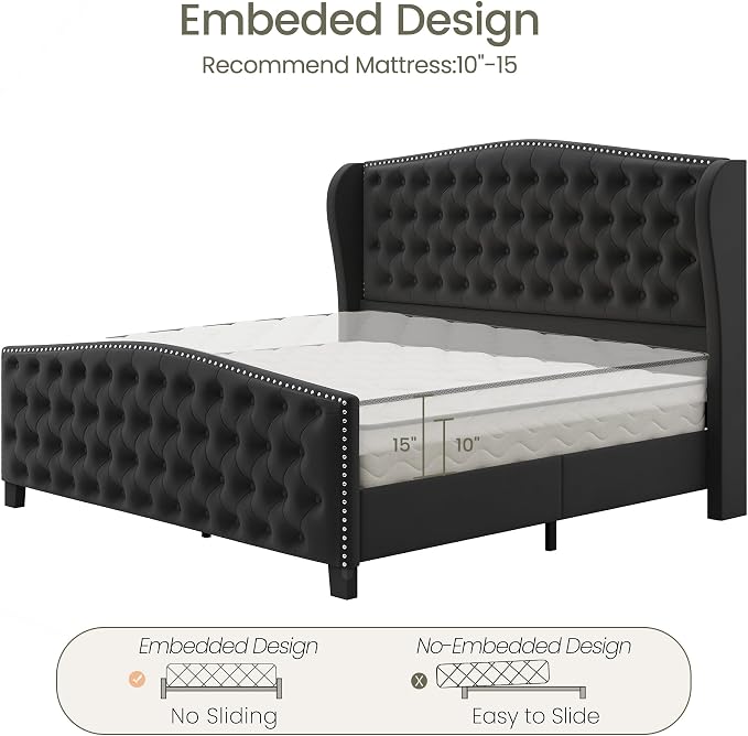 LARMACE King Size Bed Frame Velvet Upholstered Platform Bed - Image 8