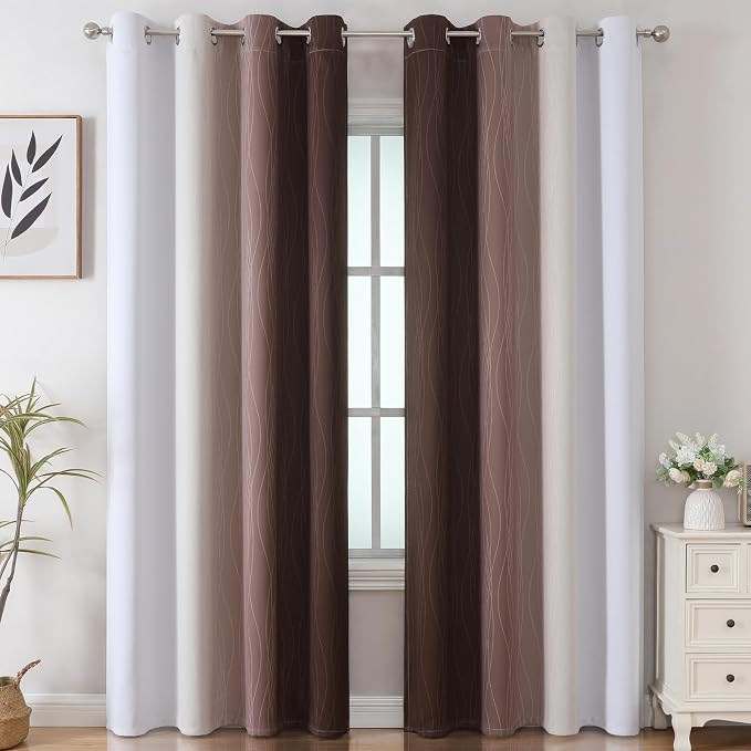 Brown and Greyish White Blackout Curtains 52x102 2 Panels | Ombre Curtains - Image 2