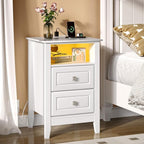 Bonnlo White Night Stand with Charging Station, Led Nightstand White Wood by Bonnlo