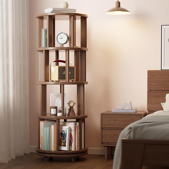 Muwuele Solid Wood Rotating Bookshelf on Wheels, 4 Tier, Round Revolving - Image 8
