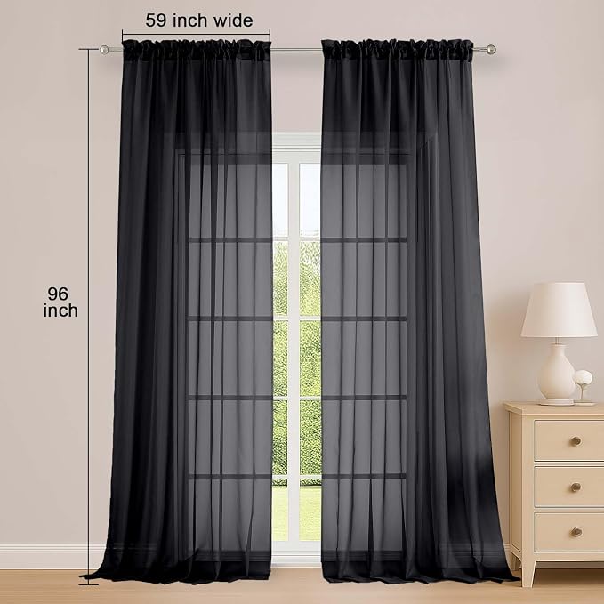 Black Sheer Curtains, Sheer Curtains 96 inches Long 2 Panels Set, Rod Pocket - Image 4