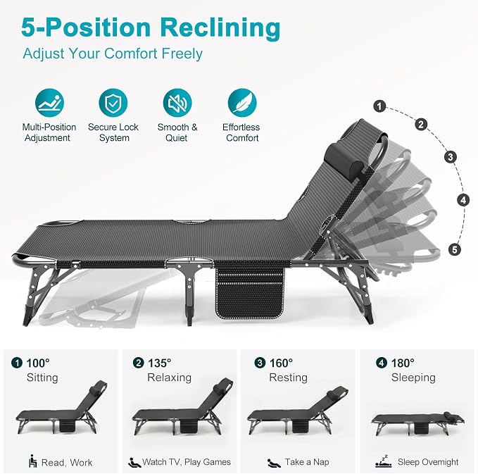 ABORON Heavy Duty Tanning Chair, 5-Gear Outdoor Folding Chaise Lounge Chair - Image 3