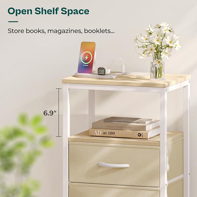 Huuger Nightstand with Charging Station, Side Table with Fabric Drawers - Image 8