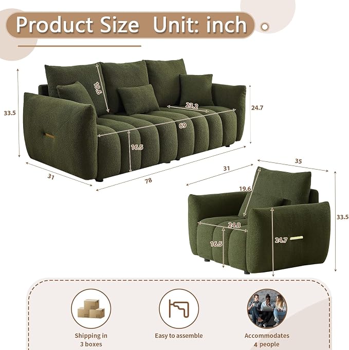 Antetek Teddy Sofa Set for Living Room, Modern Deep Seat Sofa Chair and - Image 2
