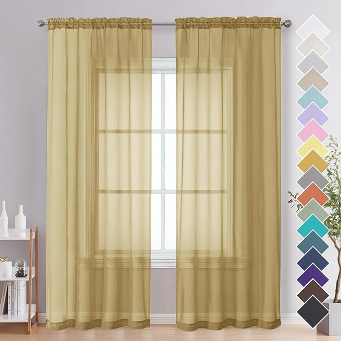 Gold Sheer Curtains 84 Inches Long 2 Panels by OVZME